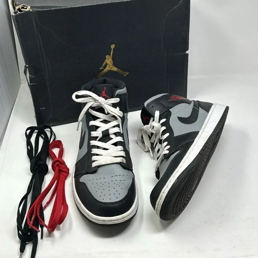 Nike Air Jordan 1 Mid "Shadow Red" Sneaker Mens Sz 9.5 Black Gym Red Particle Gr